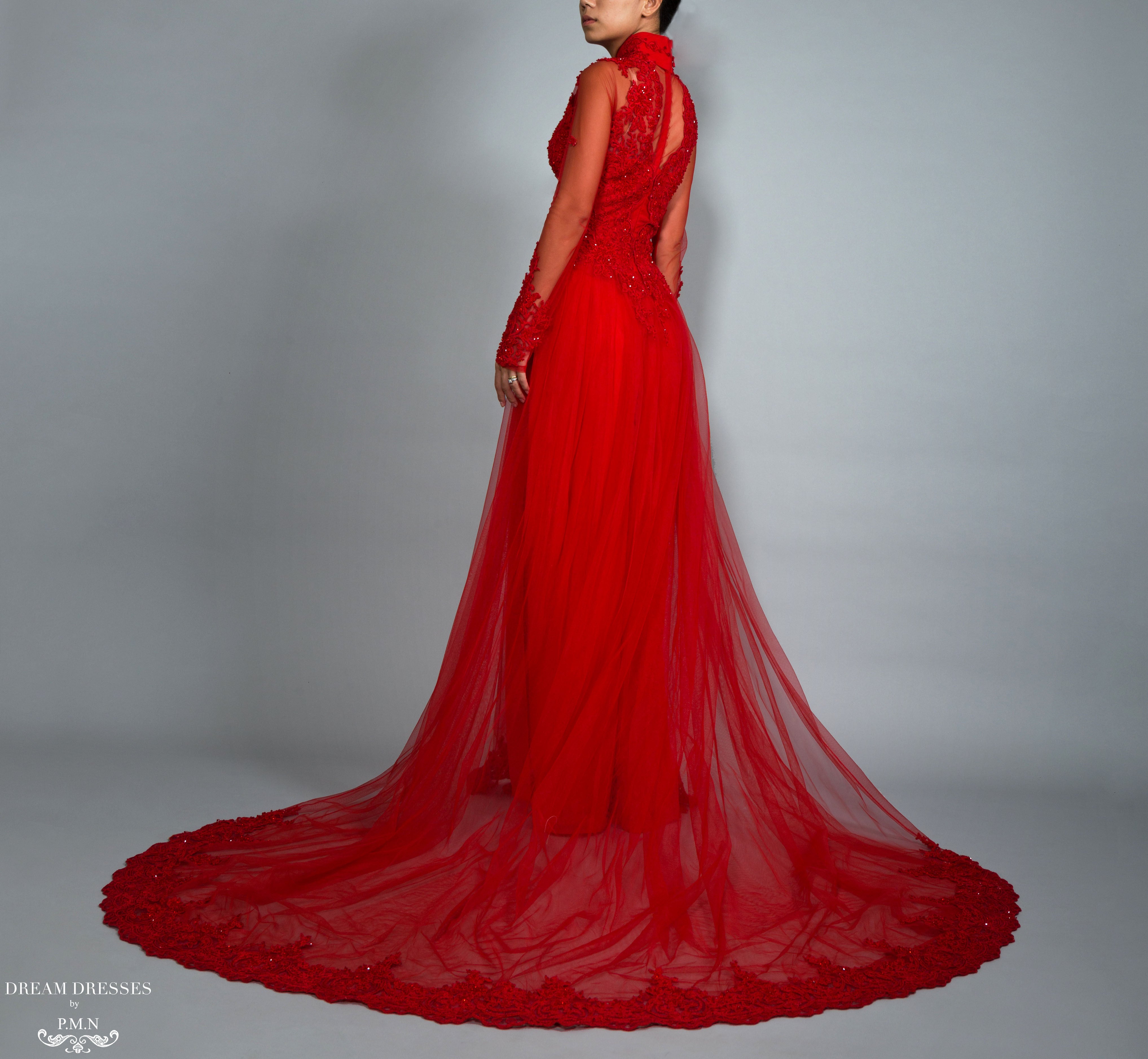 Red Bridal Ao Dai | Vietnamese Lace Bridal Dress (#VIONA)