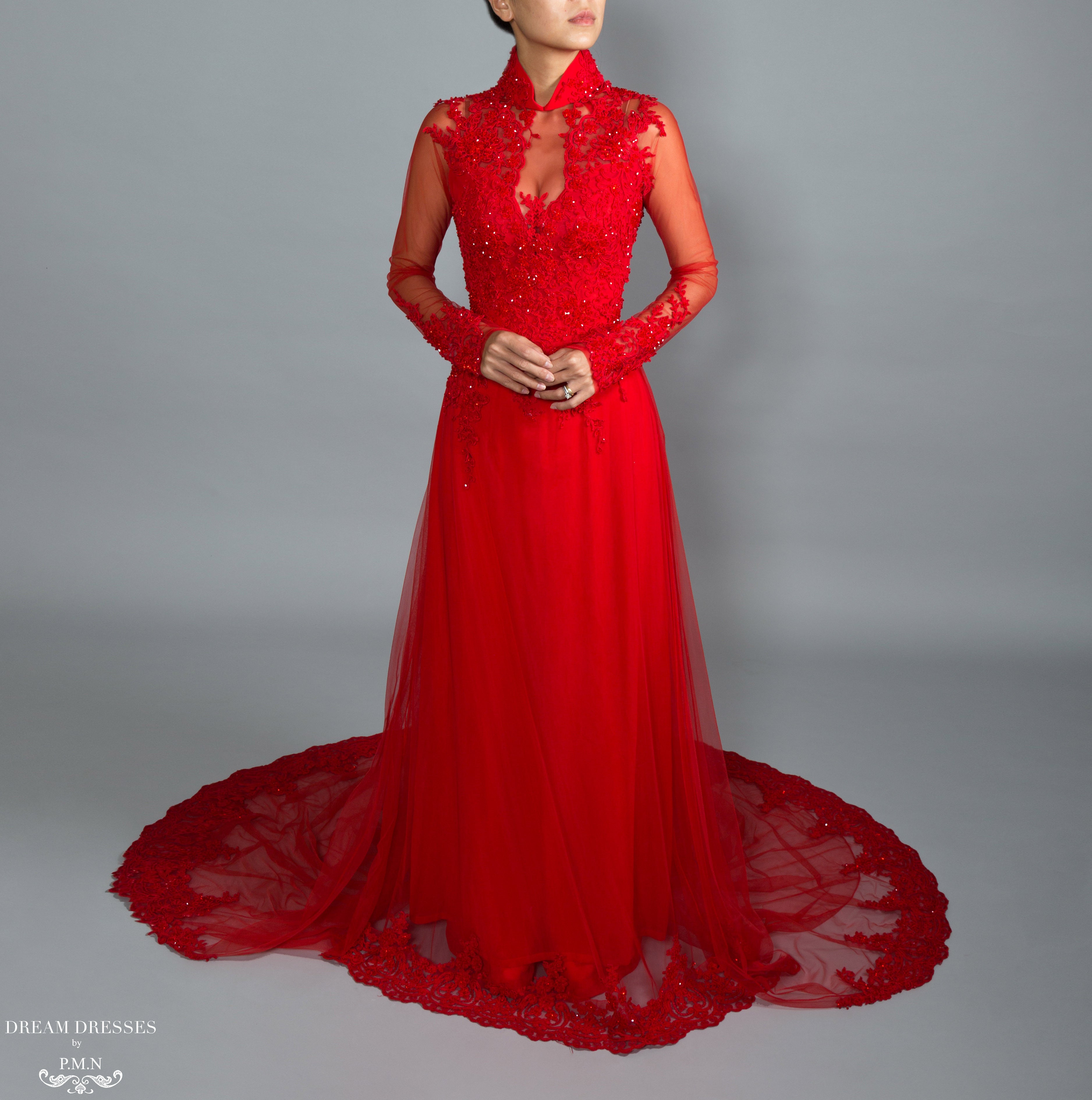Red Bridal Ao Dai | Vietnamese Lace Bridal Dress (#VIONA)