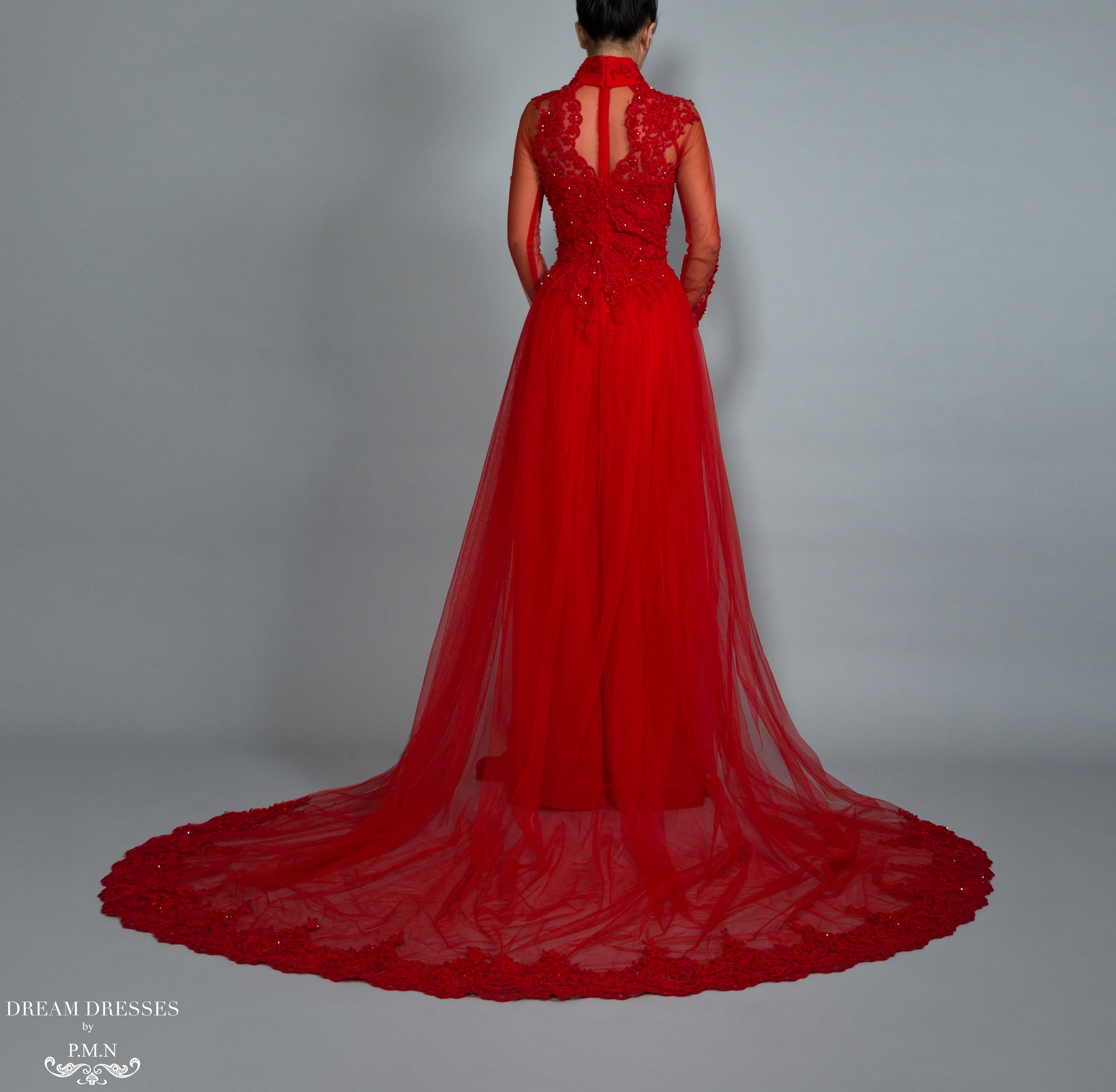 Red Bridal Ao Dai | Vietnamese Lace Bridal Dress (#VIONA) - Dream Dresses by P.M.N.