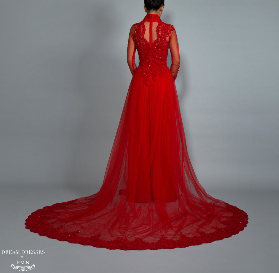 Red Bridal Ao Dai | Vietnamese Lace Bridal Dress (#VIONA) - Dream Dresses by P.M.N.