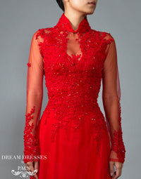Red Bridal Ao Dai | Vietnamese Lace Bridal Dress (#VIONA) - Dream Dresses by P.M.N.