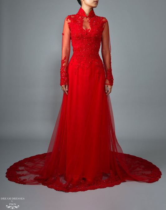 Red Bridal Ao Dai | Vietnamese Lace Bridal Dress (#VIONA) - Dream Dresses by P.M.N.