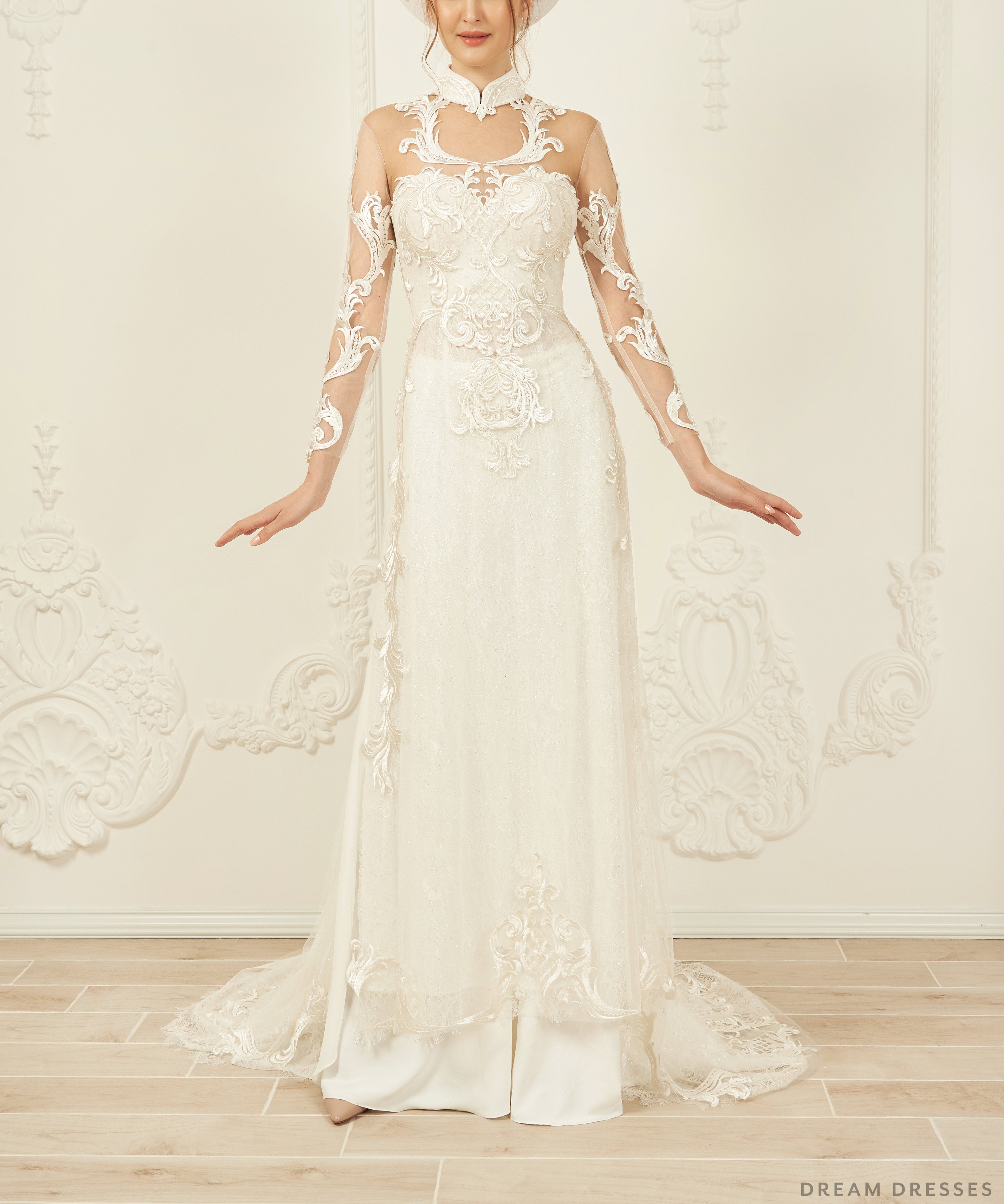 White Bridal Ao Dai | Vietnamese Lace Bridal Dress (#VIVIA)