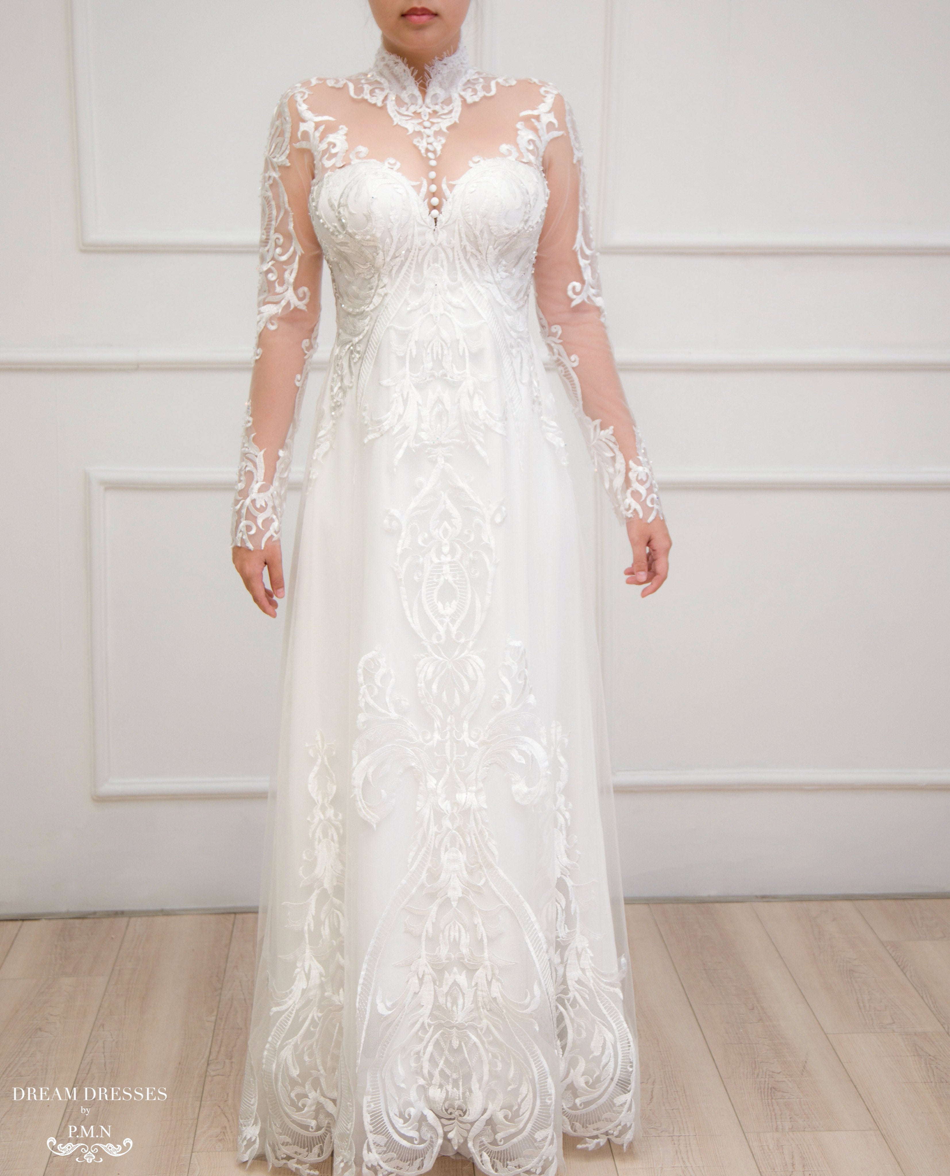 White Bridal Ao Dai | Modern Vietnamese Lace Bridal Dress (#YVONNE)