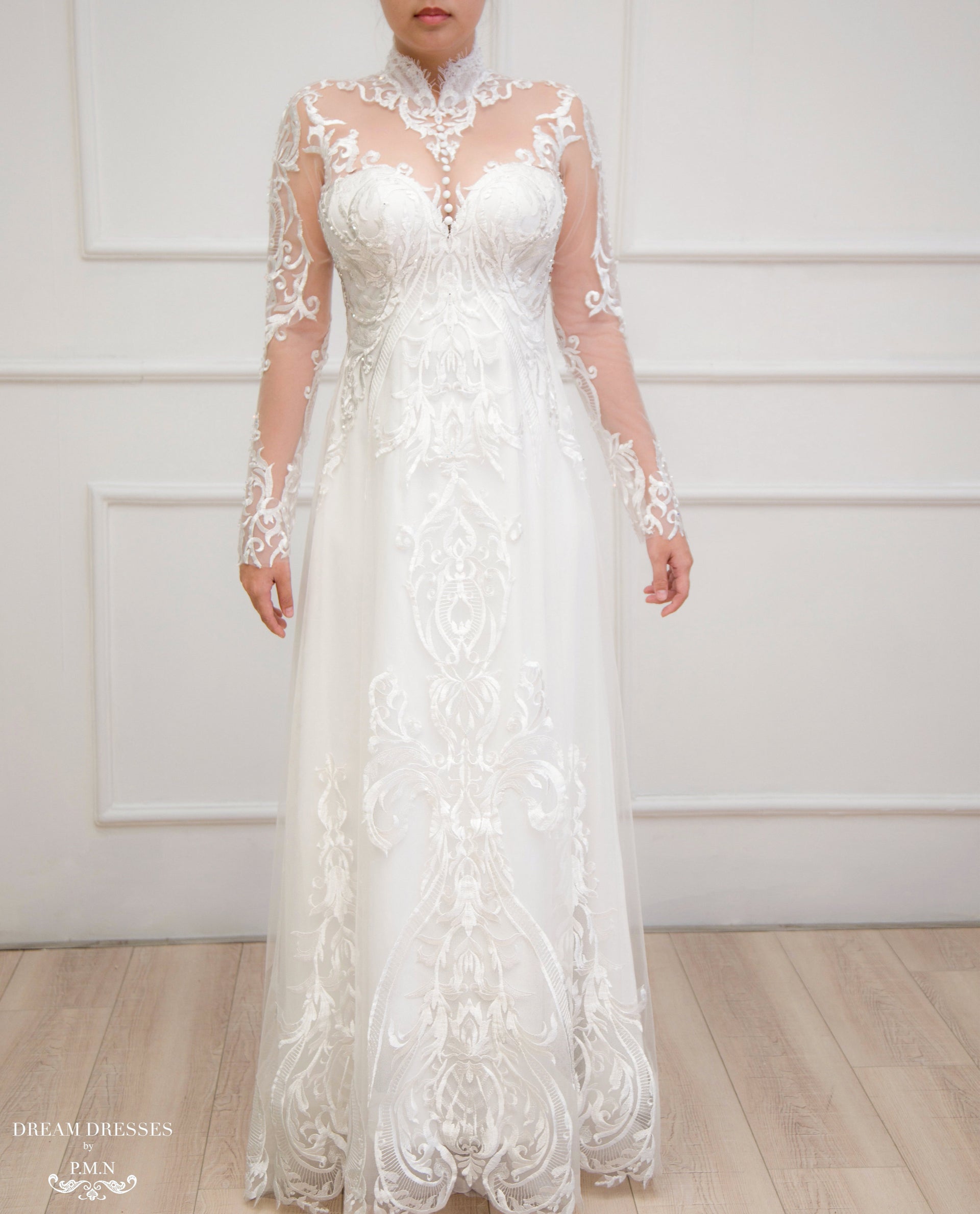 White Bridal Ao Dai | Modern Vietnamese Lace Bridal Dress (#YVONNE) - Dream Dresses by P.M.N.