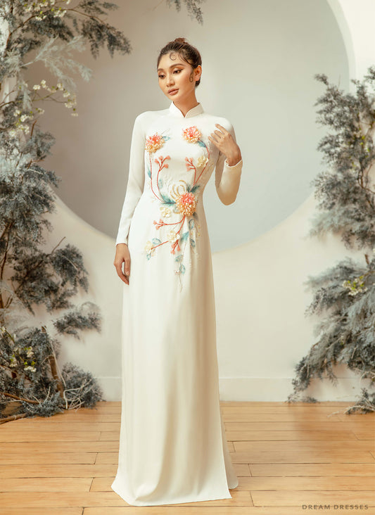 White Bridal Ao Dai | Embellished Vietnamese Traditional Bridal Dress (#ZINNIA) - Dream Dresses by P.M.N.