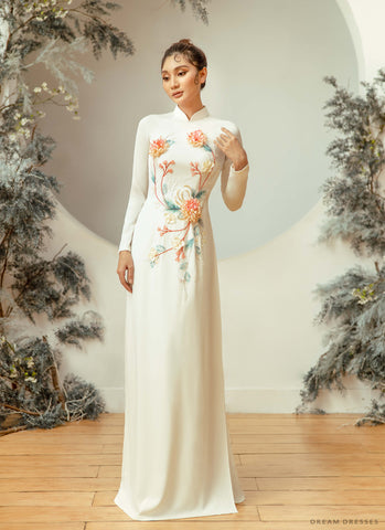 White Bridal Ao Dai | Embellished Vietnamese Traditional Bridal Dress (#ZINNIA)