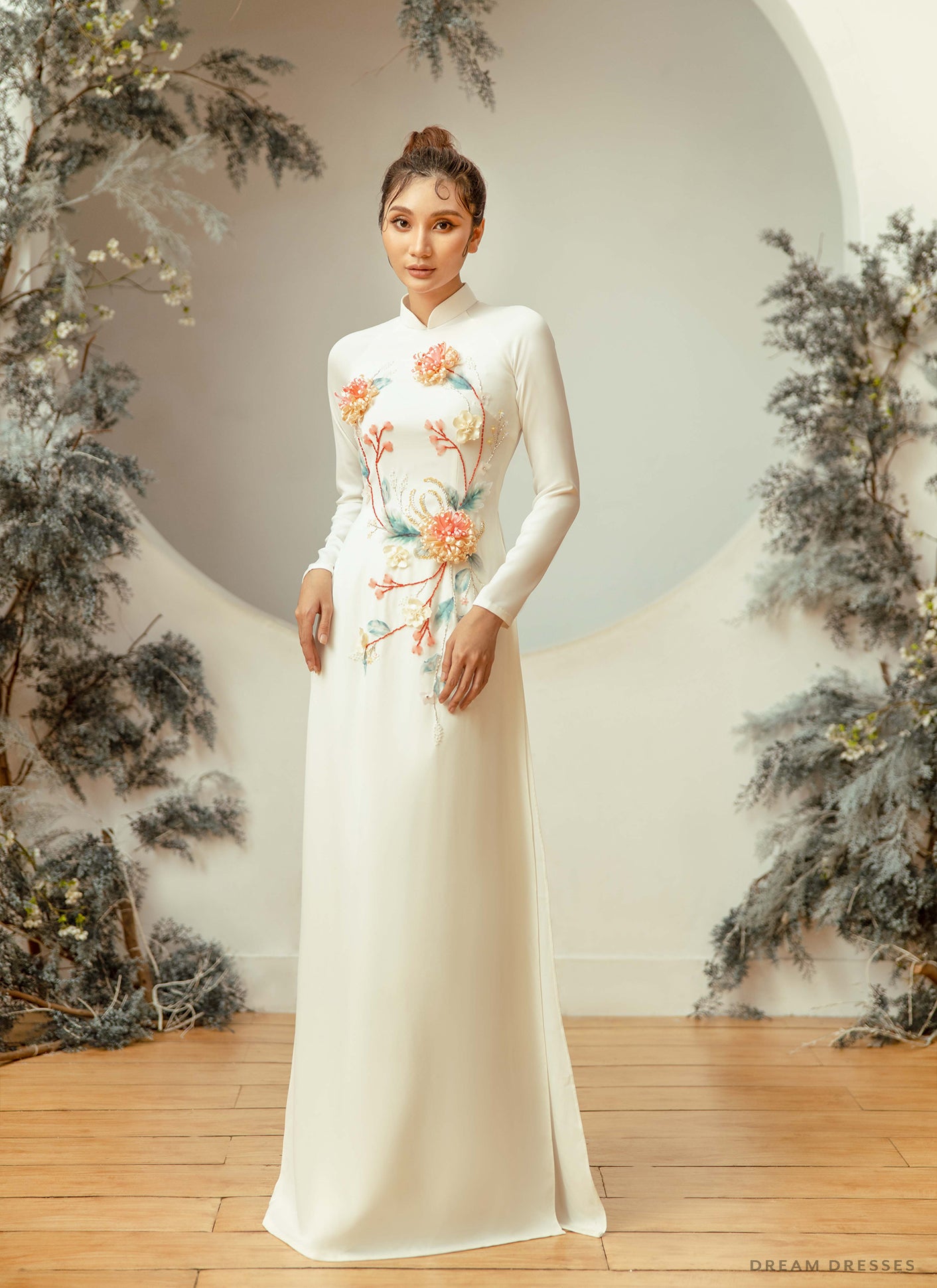 White Bridal Ao Dai | Embellished Vietnamese Traditional Bridal Dress (#ZINNIA)