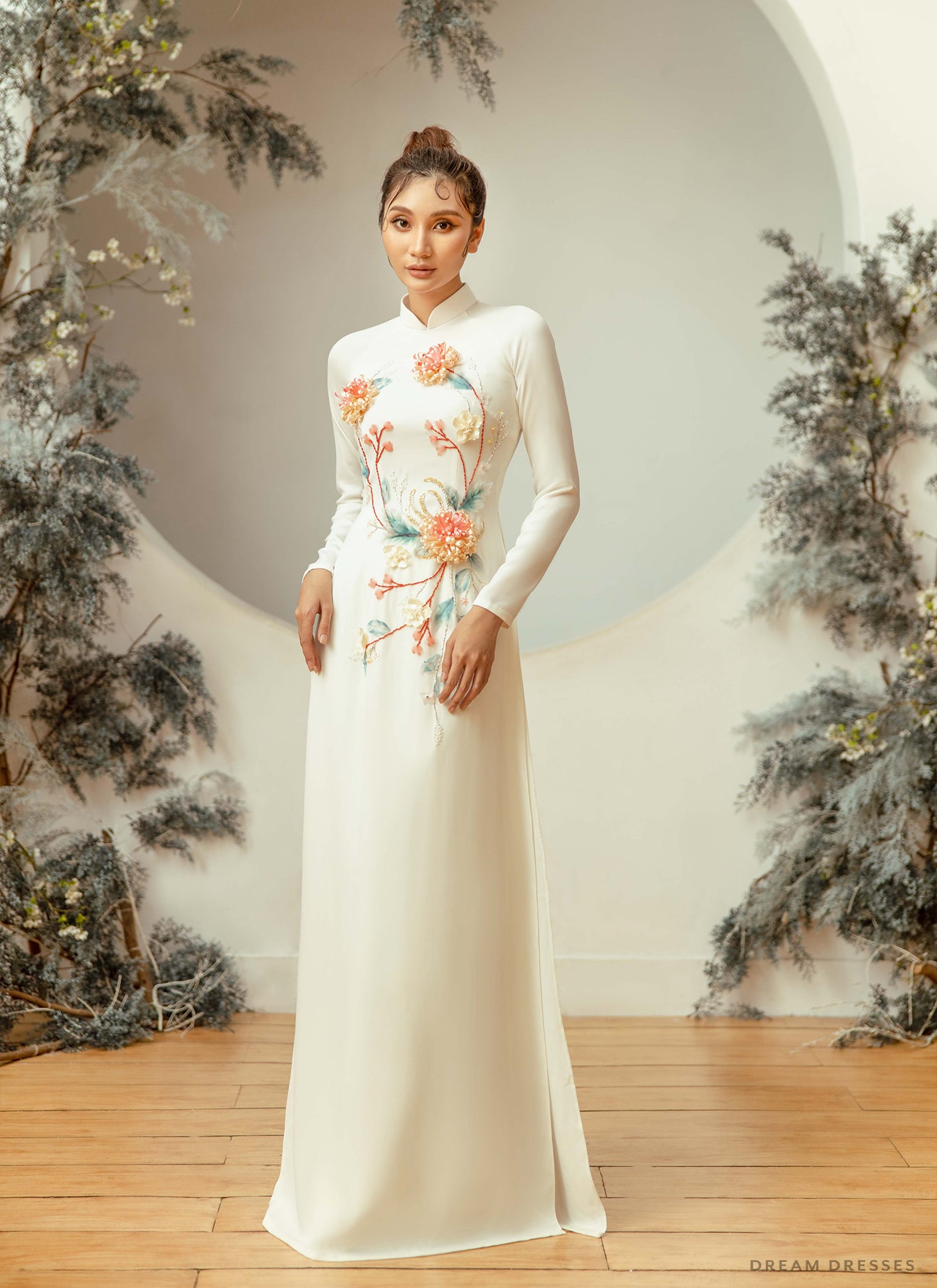 DreamDress By PMN Zinnia Ao Dai Inspired Wedding Dress Gown White Classic Beadings Floral Embellishment Long Sleeves White Satin Pant | Size: Custom DreamDress By PMN Zinnia Ao Dai Inspired Wedding Dress Gown White Classic Beadings Floral Embellishment Long Sleeves White Satin Pant | Size: Custom