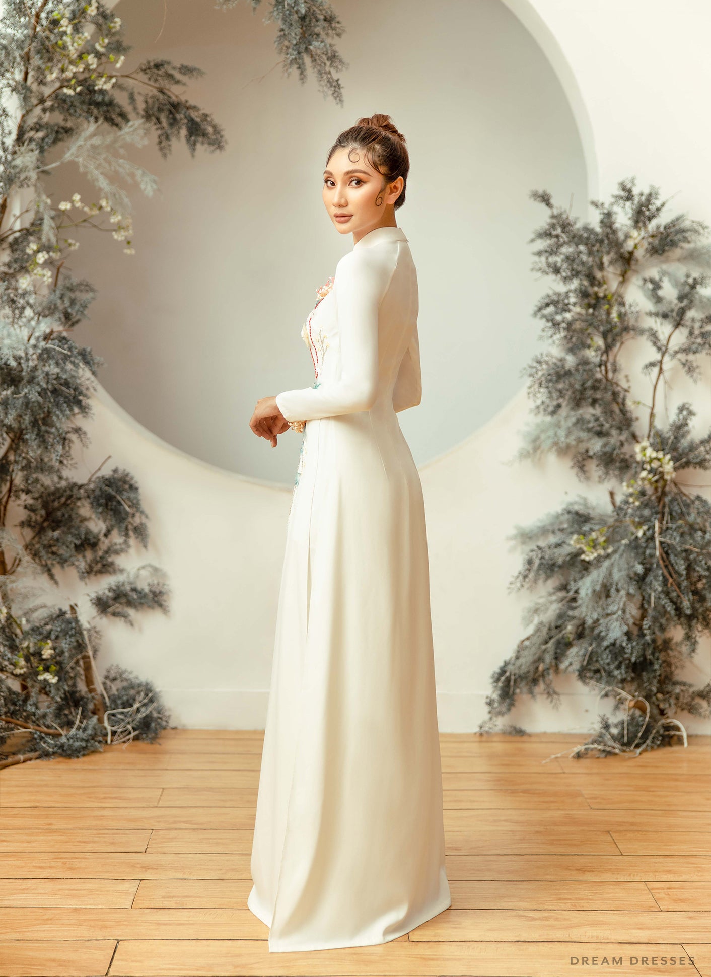 DreamDress By PMN Zinnia Ao Dai Inspired Wedding Dress Gown White Classic Beadings Floral Embellishment Long Sleeves White Satin Pant | Size: Custom DreamDress By PMN Zinnia Ao Dai Inspired Wedding Dress Gown White Classic Beadings Floral Embellishment Long Sleeves White Satin Pant | Size: Custom