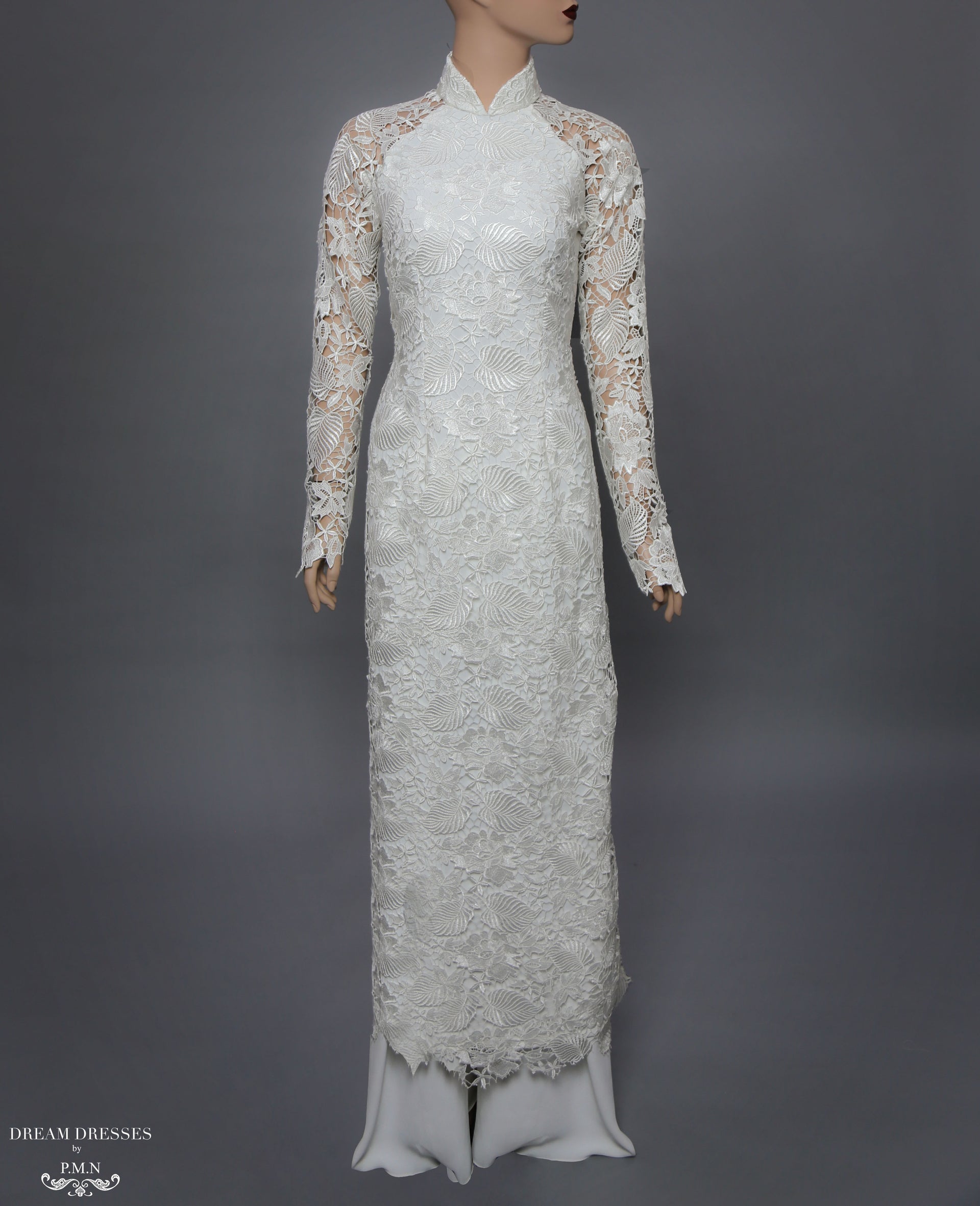 White Bridal Ao Dai | Vietnamese Lace Bridal Dress (#ALEXANDRIA) - Dream Dresses by P.M.N.