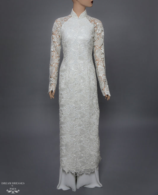 White Bridal Ao Dai | Vietnamese Lace Bridal Dress (#ALEXANDRIA) - Dream Dresses by P.M.N.
