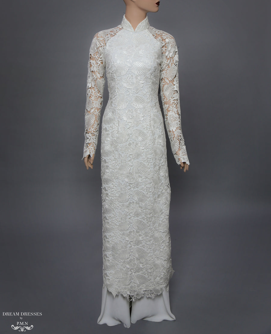 White Bridal Ao Dai | Vietnamese Lace Bridal Dress (#ALEXANDRIA) - Dream Dresses by P.M.N.