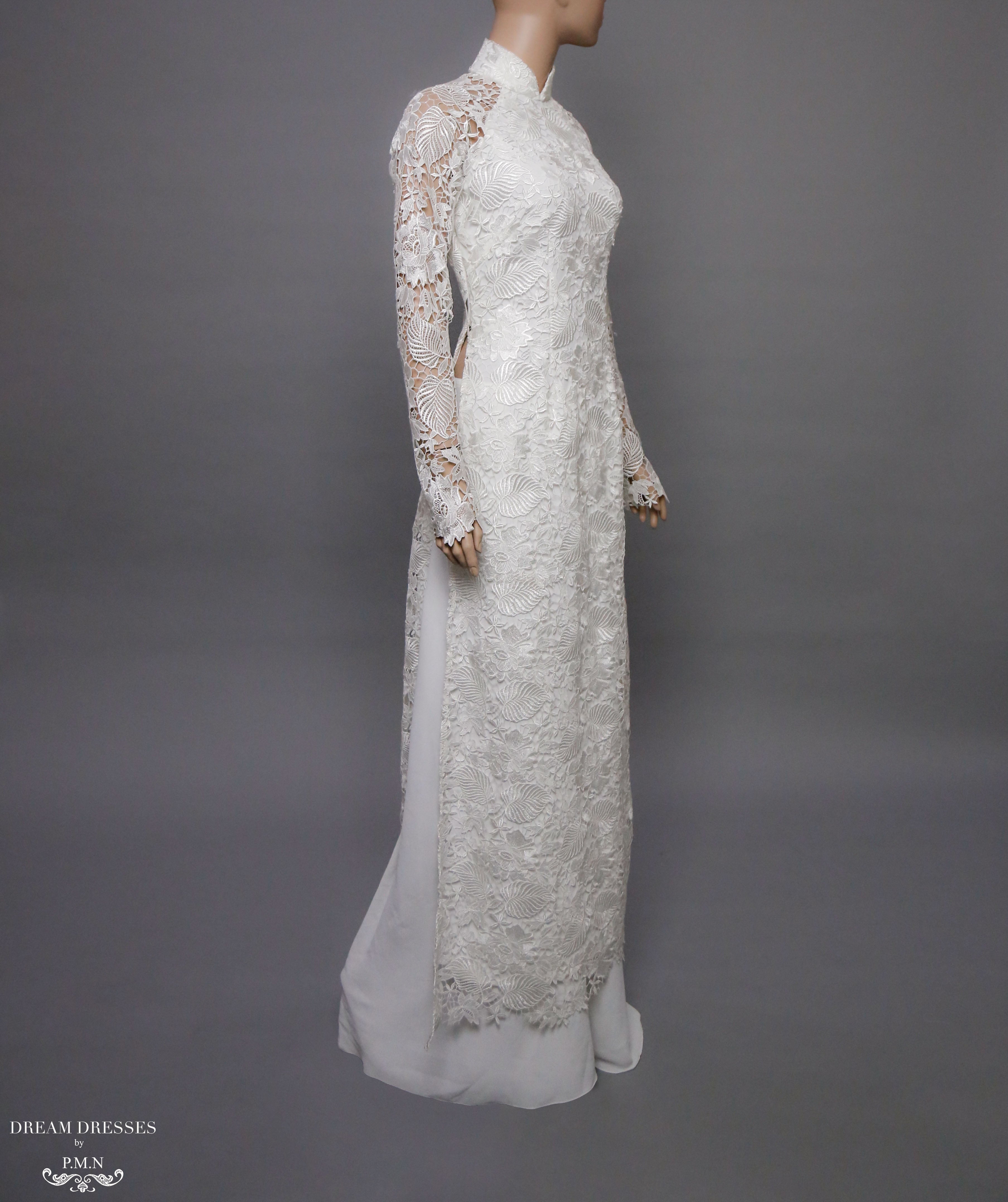 White Bridal Ao Dai | Vietnamese Lace Bridal Dress (#ALEXANDRIA)