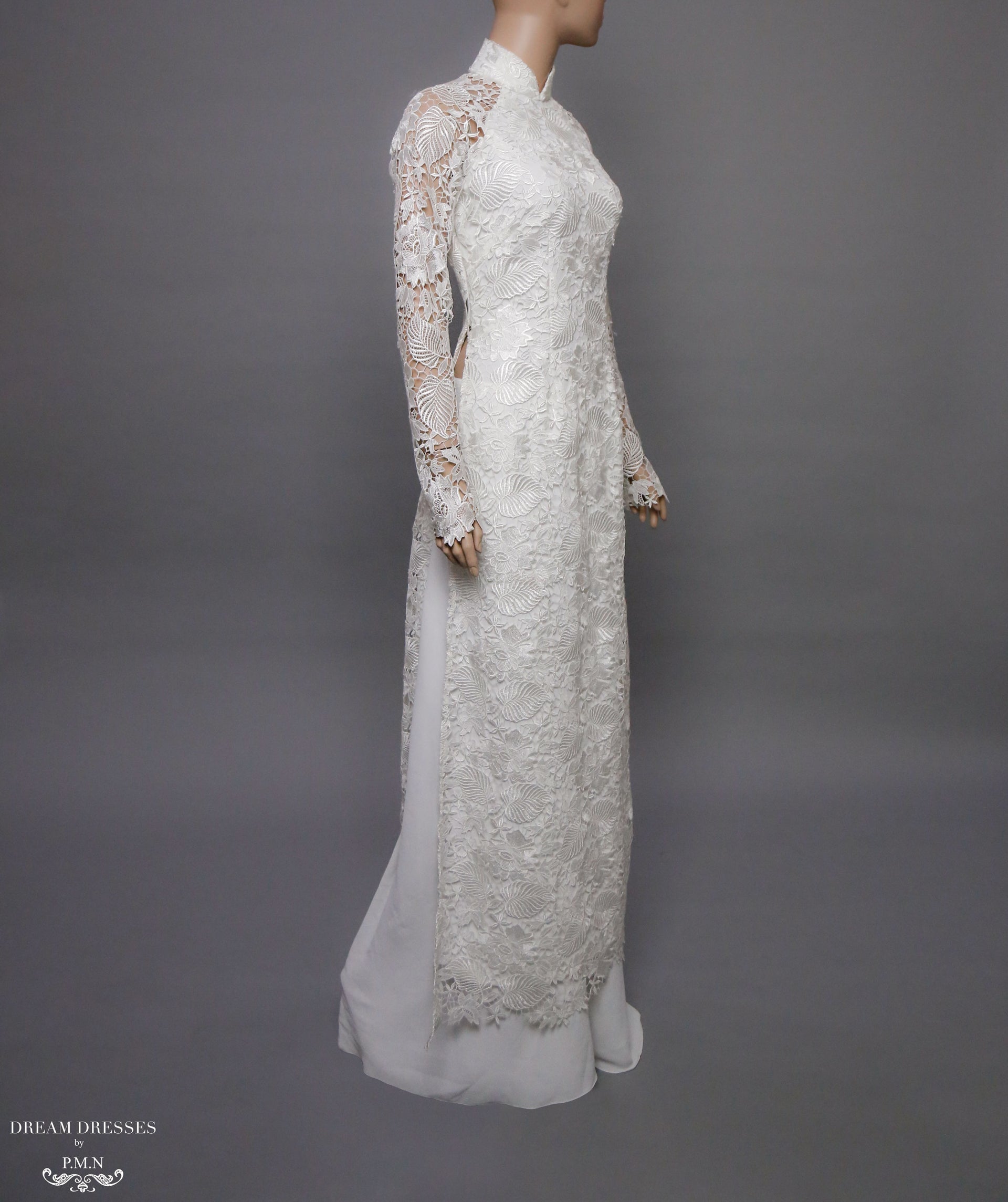 White Bridal Ao Dai | Vietnamese Lace Bridal Dress (#ALEXANDRIA) - Dream Dresses by P.M.N.