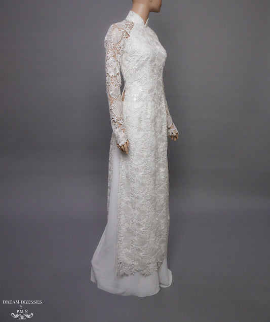 White Bridal Ao Dai | Vietnamese Lace Bridal Dress (#ALEXANDRIA) - Dream Dresses by P.M.N.
