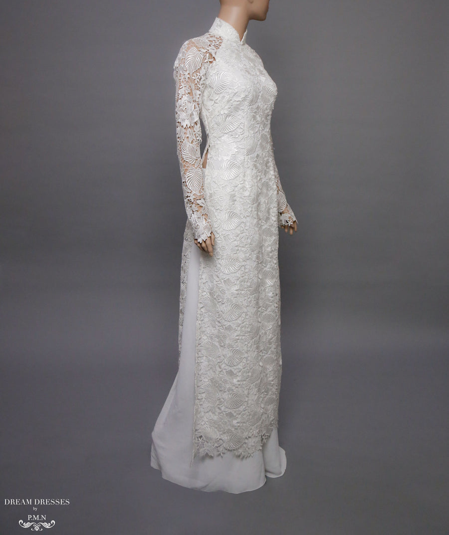 White Bridal Ao Dai | Vietnamese Lace Bridal Dress (#ALEXANDRIA) - Dream Dresses by P.M.N.