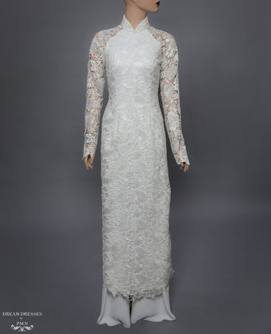 White Bridal Ao Dai | Vietnamese Lace Bridal Dress (#ALEXANDRIA)