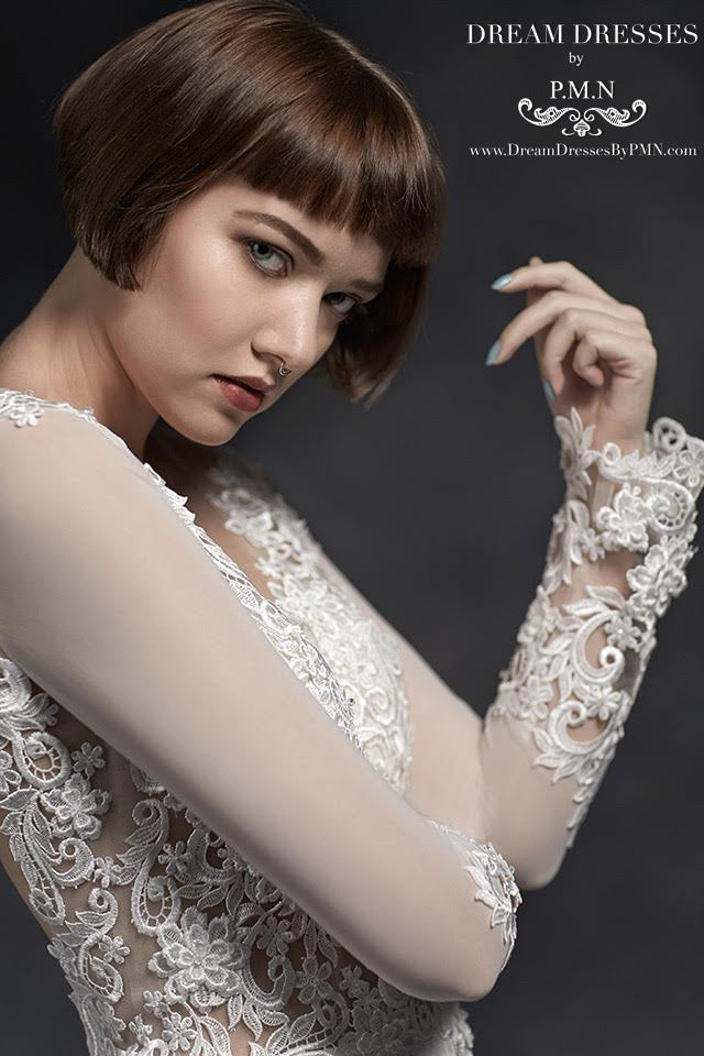 Long Sleeve Wedding Dress With Lace Top (#SS16101) - Dream Dresses by P.M.N
 - 4