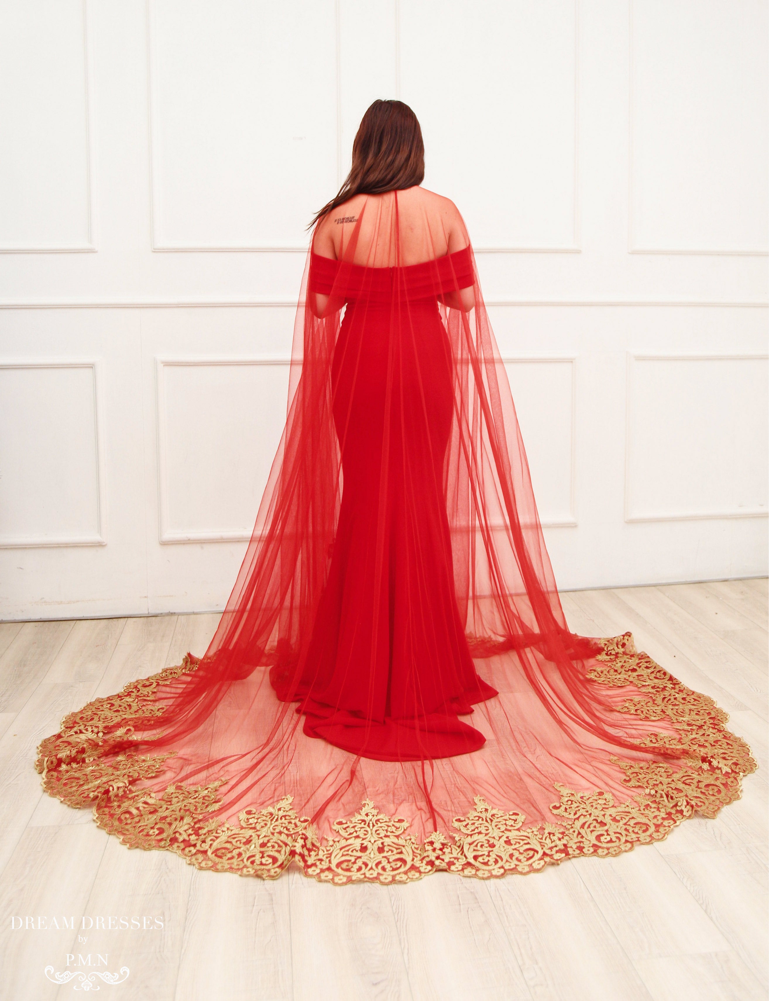 Red Crepe Bridal Gown with Side Slit (#Cathy)