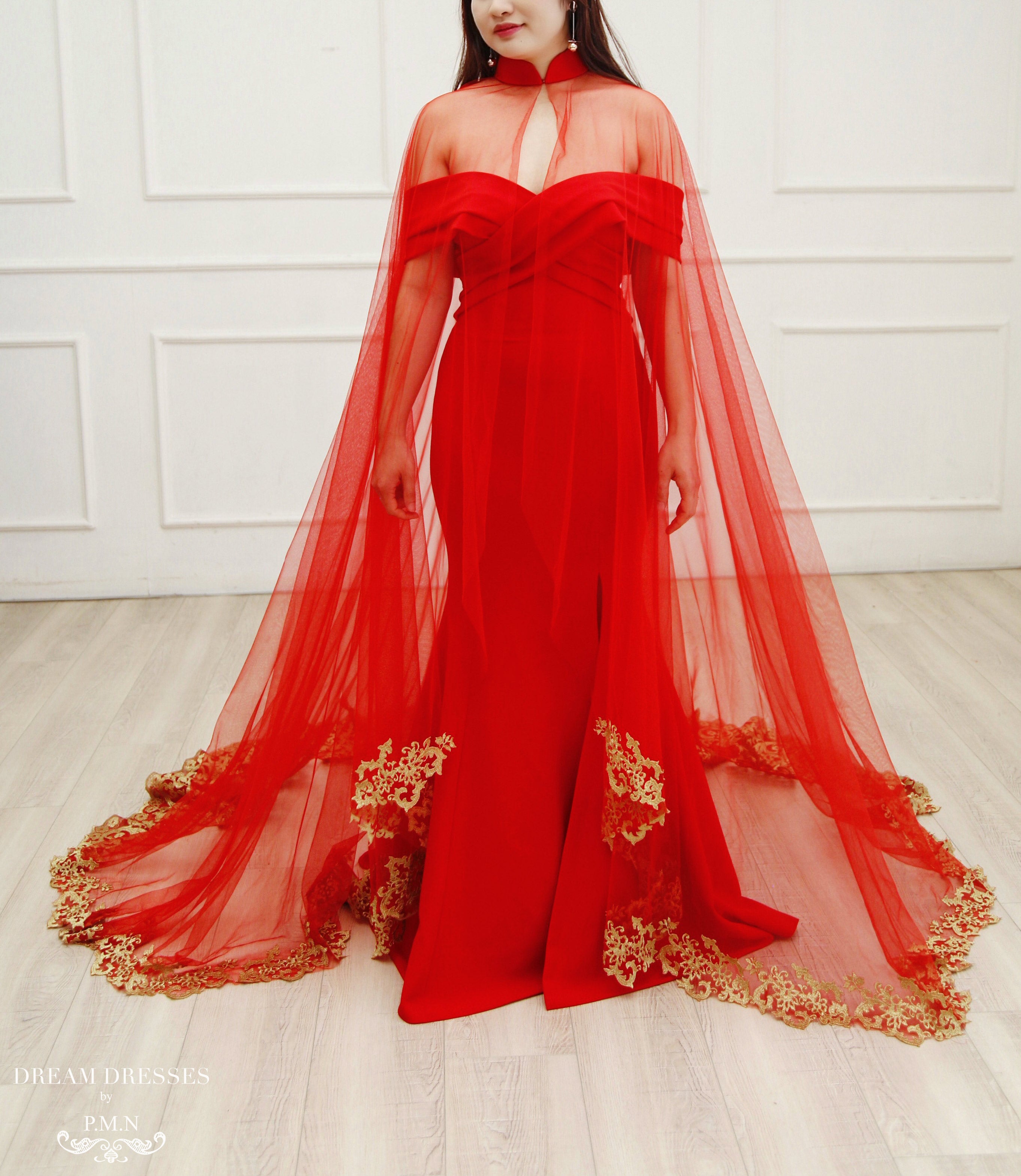 Red Crepe Bridal Gown with Side Slit (#Cathy)