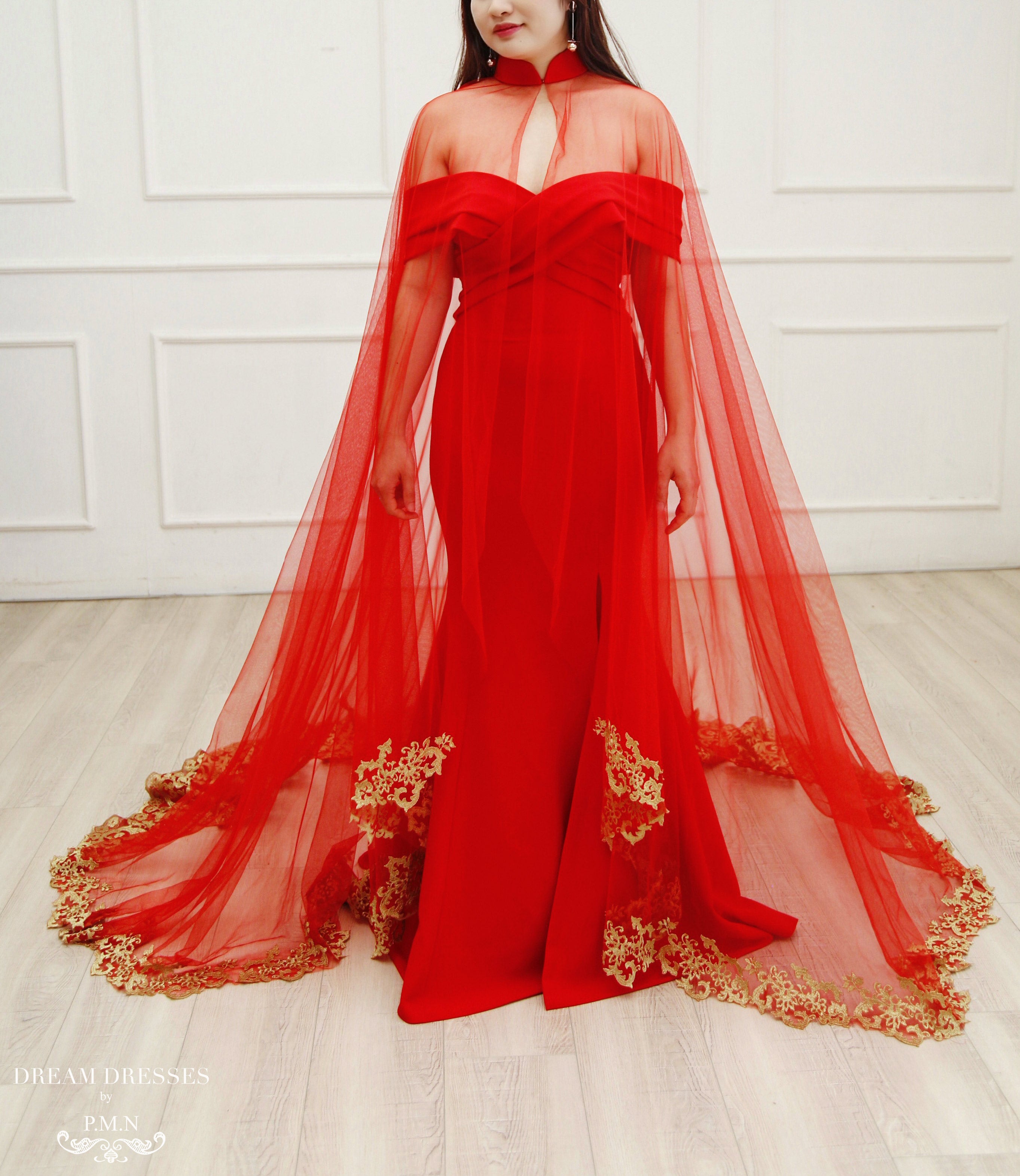 Custom Red Wedding Dress & Cape for Cathy Quang | DreamDresses Custom Red Wedding Dress & Cape for Cathy Quang | DreamDresses