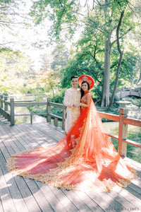 Red Ao Dai Cape | Vietnamese Lace Bridal Ao Dai Cape (#TEMA) - Dream Dresses by P.M.N.