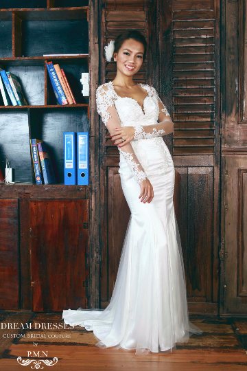 Sheer Long Sleeve Satin Wedding Dress (#PB095) - Dream Dresses by P.M.N
 - 1