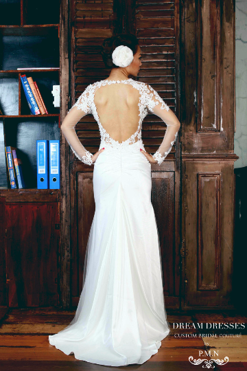 Sheer Long Sleeve Satin Wedding Dress (#PB095)