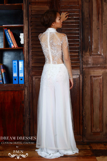 WHITE AO DAI-Vietnamese Bridal Dress with All Over Hand-Beading (#PB104) - Dream Dresses by P.M.N
 - 1