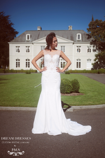 Sample Sale Fit & Flare Wedding Dress with Illusion Neckline Sample Sale Fit & Flare Wedding Dress with Illusion Neckline
