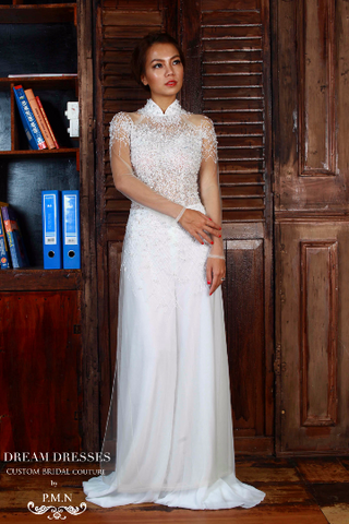 WHITE AO DAI-Vietnamese Bridal Dress with All Over Hand-Beading (#PB104) - Dream Dresses by P.M.N
 - 1