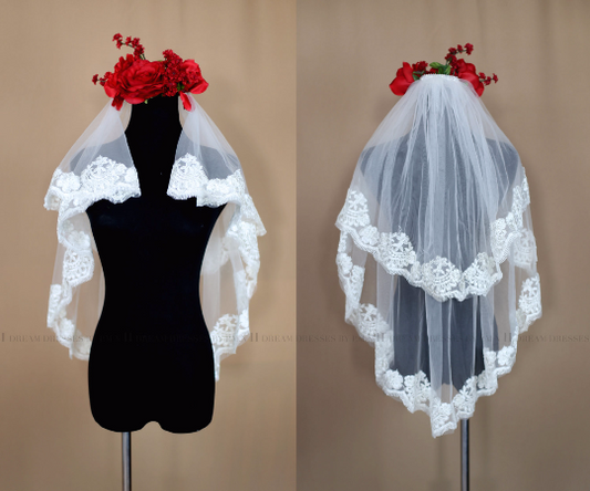 Two Tier Elbow Lace Veil With Blusher (Style # Angie PB159) - Dream Dresses by P.M.N
 - 1