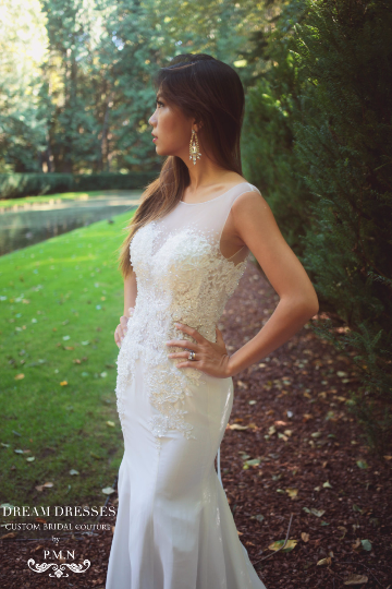 Sample Sale Fit & Flare Wedding Dress with Illusion Neckline Sample Sale Fit & Flare Wedding Dress with Illusion Neckline