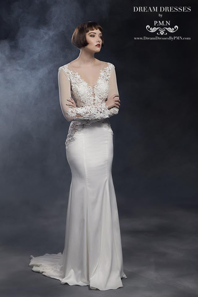 long sleeve lace top for wedding dress DreamDress By PMN Fit & Flare Gown Deep V-Neckline Open Back Floral Embellishments All Over Beaded Bodice Sweep Train __label: Made to Order Modest Bridal by Mon Light Grey Floral Mens Size:XS/38