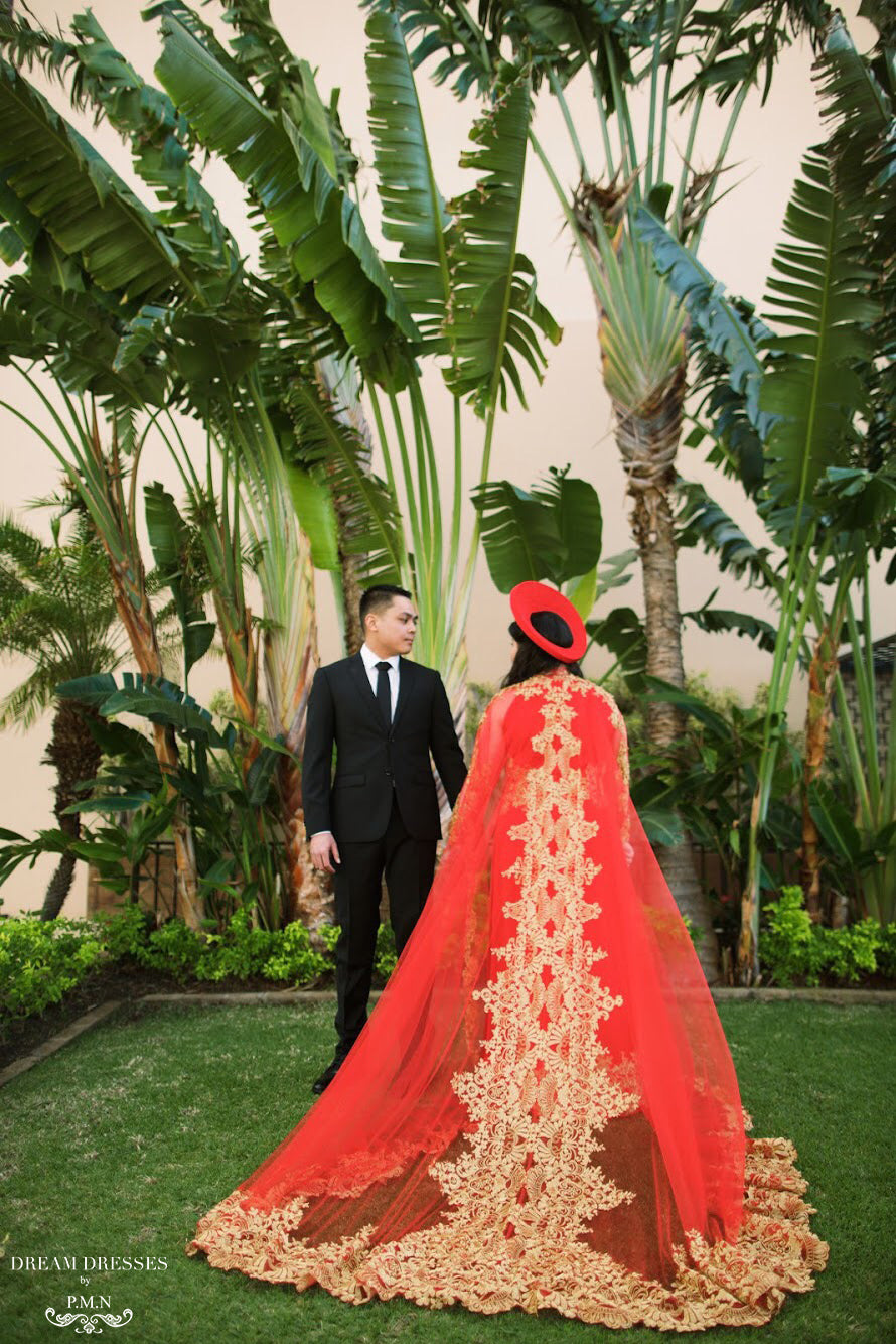 Red Ao Dai Cape | Vietnamese Lace Bridal Ao Dai Cape (#TEMA)