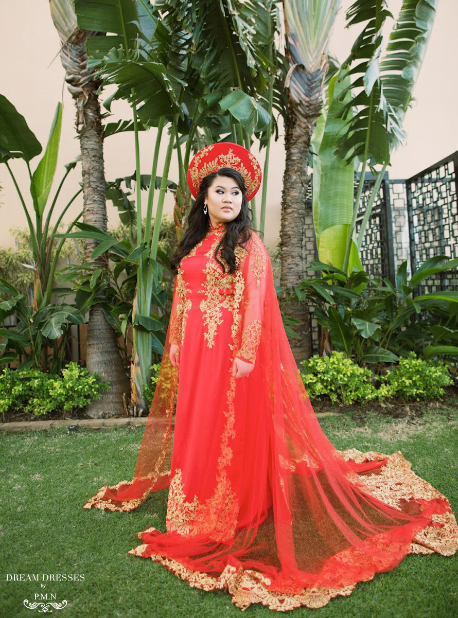 Red Ao Dai Cape | Vietnamese Lace Bridal Ao Dai Cape (#TEMA) - Dream Dresses by P.M.N.