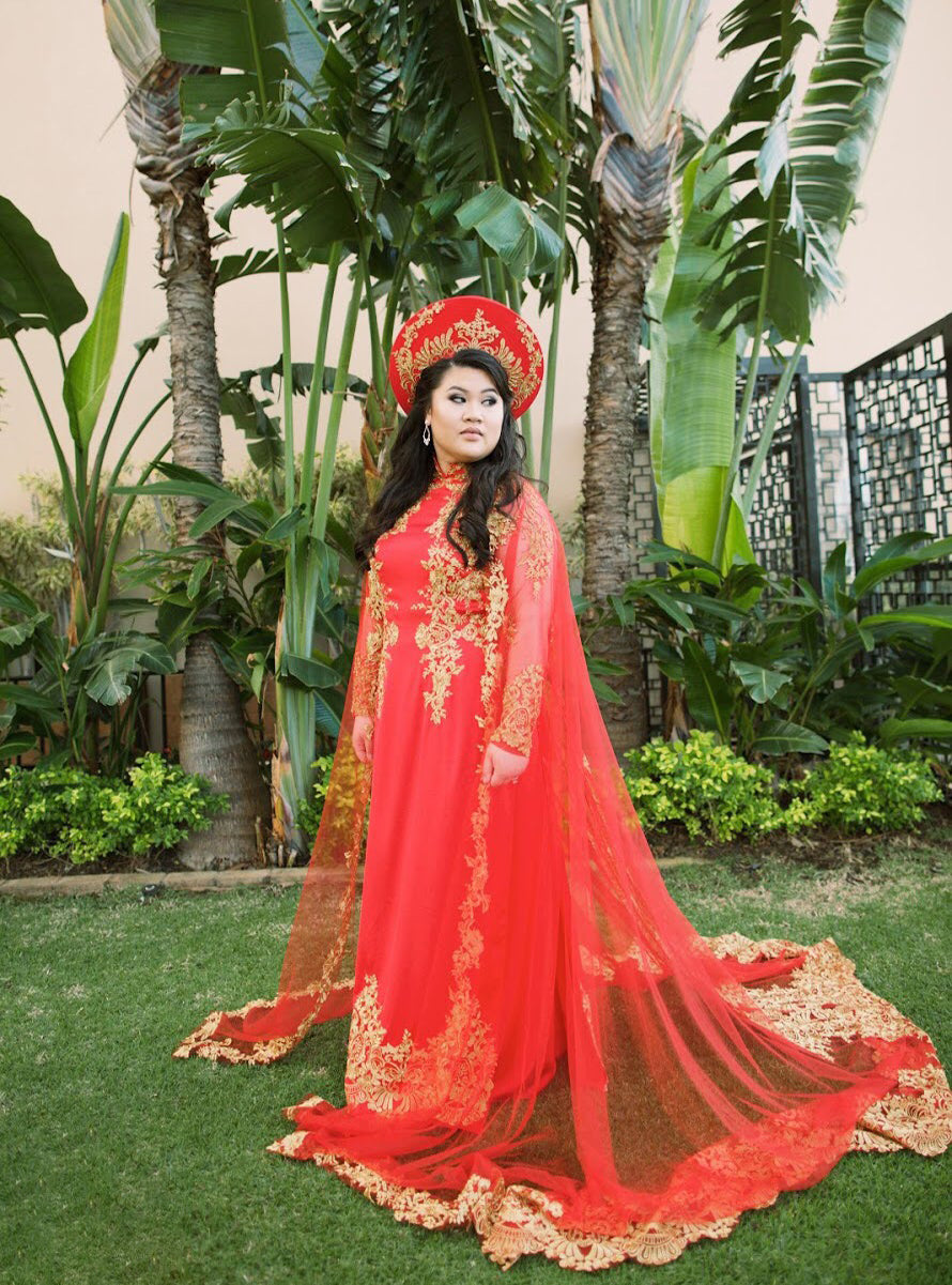 Red Ao Dai with Gold Lace | Vietnamese Lace Bridal Dress (#TALISA)