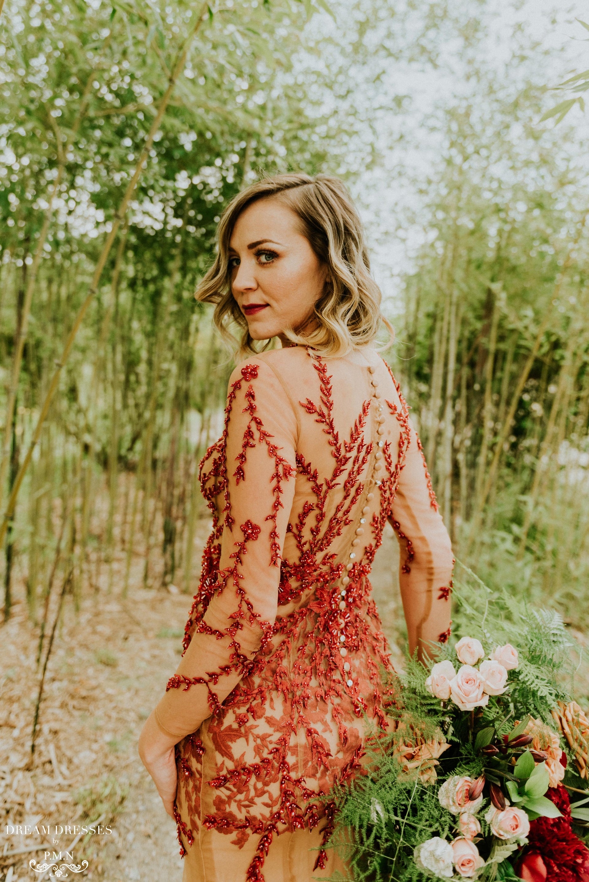 DreamDress By PMN Lacye Sheath Red And Nude Wedding Dress Gown Illusion Front Back Red Floral Accent Embellishments Chapel Train