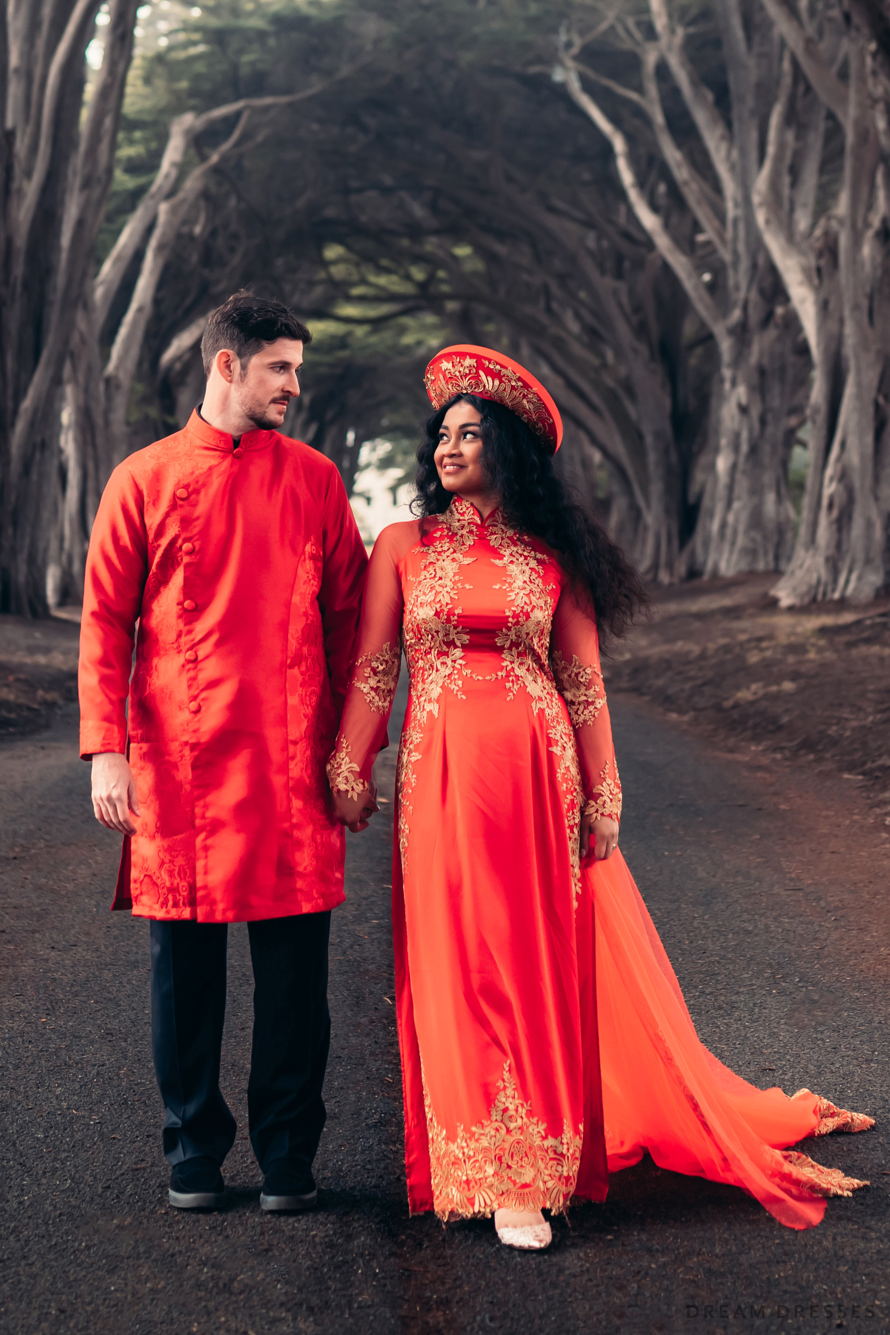 DreamDress By PMN Melia Ao Dai Inspired Red Wedding Dress Gown Gold Lace Floral Accents Silk Satin Pants | Size: 24 DreamDress By PMN Melia Ao Dai Inspired Red Wedding Dress Gown Gold Lace Floral Accents Silk Satin Pants | Size: 24
