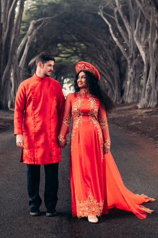 Red Ao Dai with Gold Lace and Chapel Train | Vietnamese Lace Bridal Dress (#MELIA)