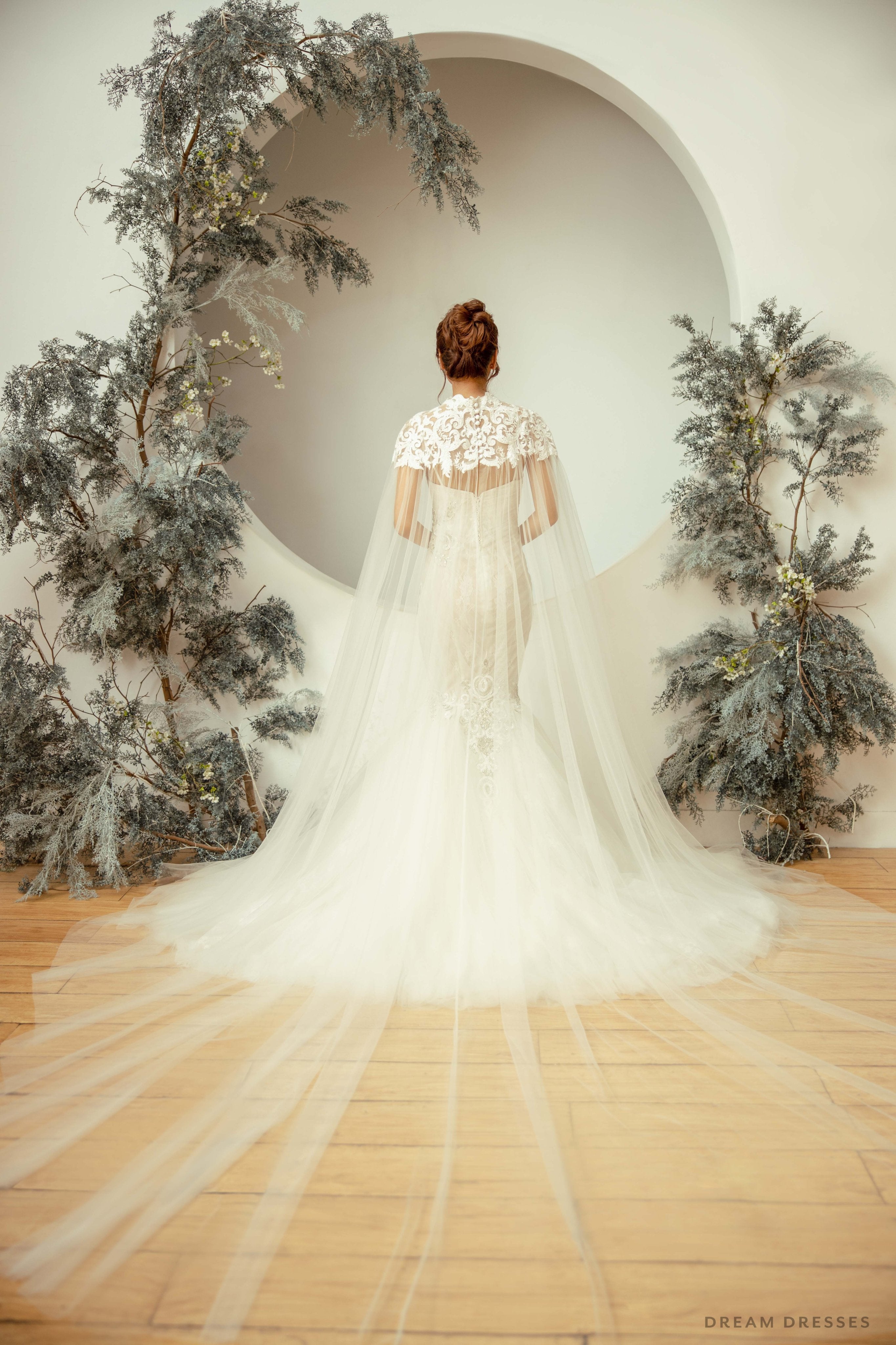 Cathedral Bridal Lace Cape with High Neck (#YONIA)