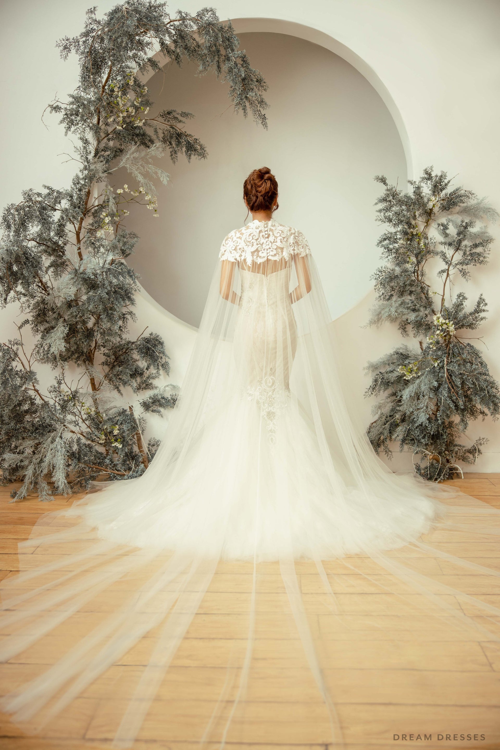Cathedral Bridal Lace Cape with High Neck (#YONIA) - Dream Dresses by P.M.N.