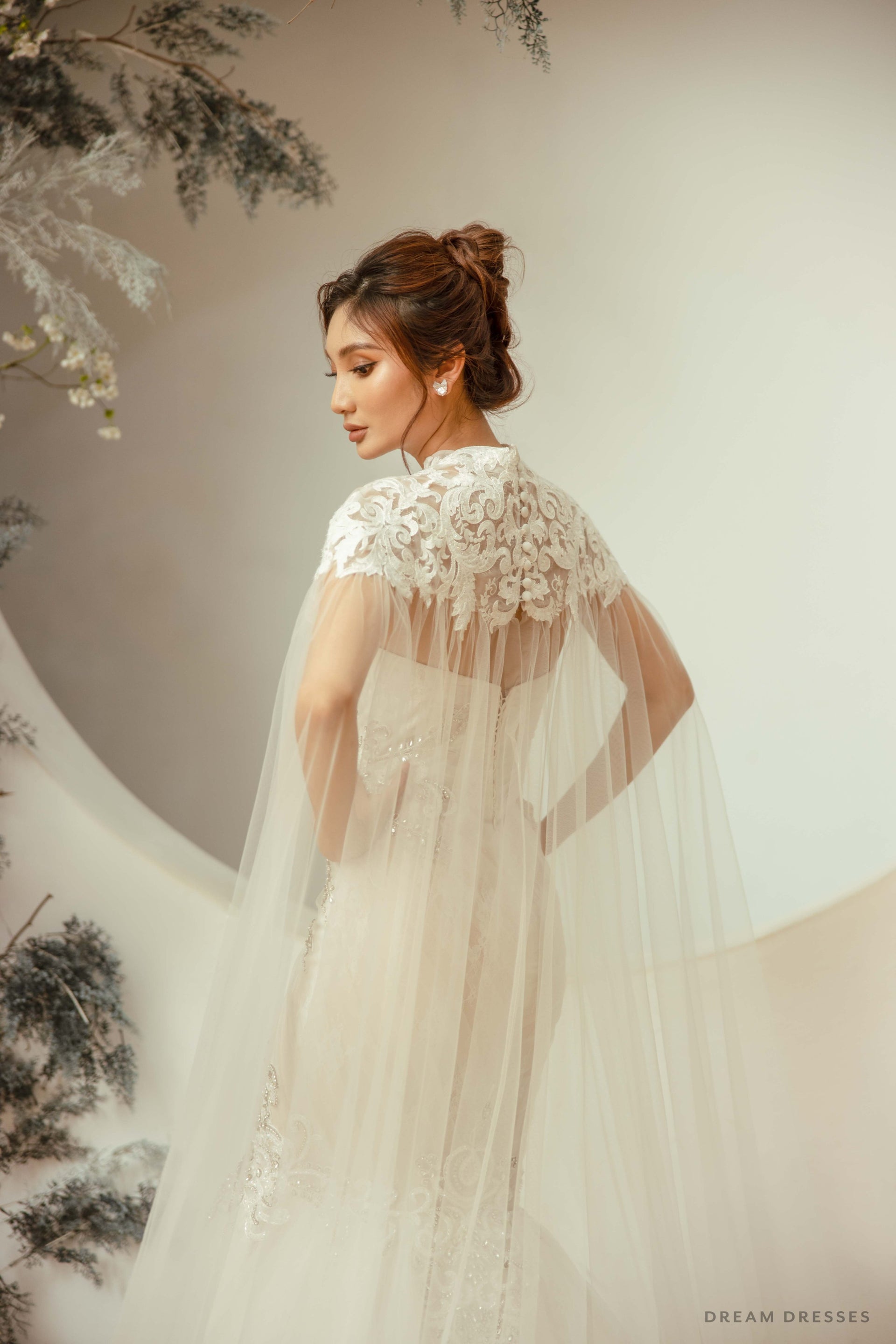 Cathedral Bridal Lace Cape with High Neck (#YONIA) - Dream Dresses by P.M.N.