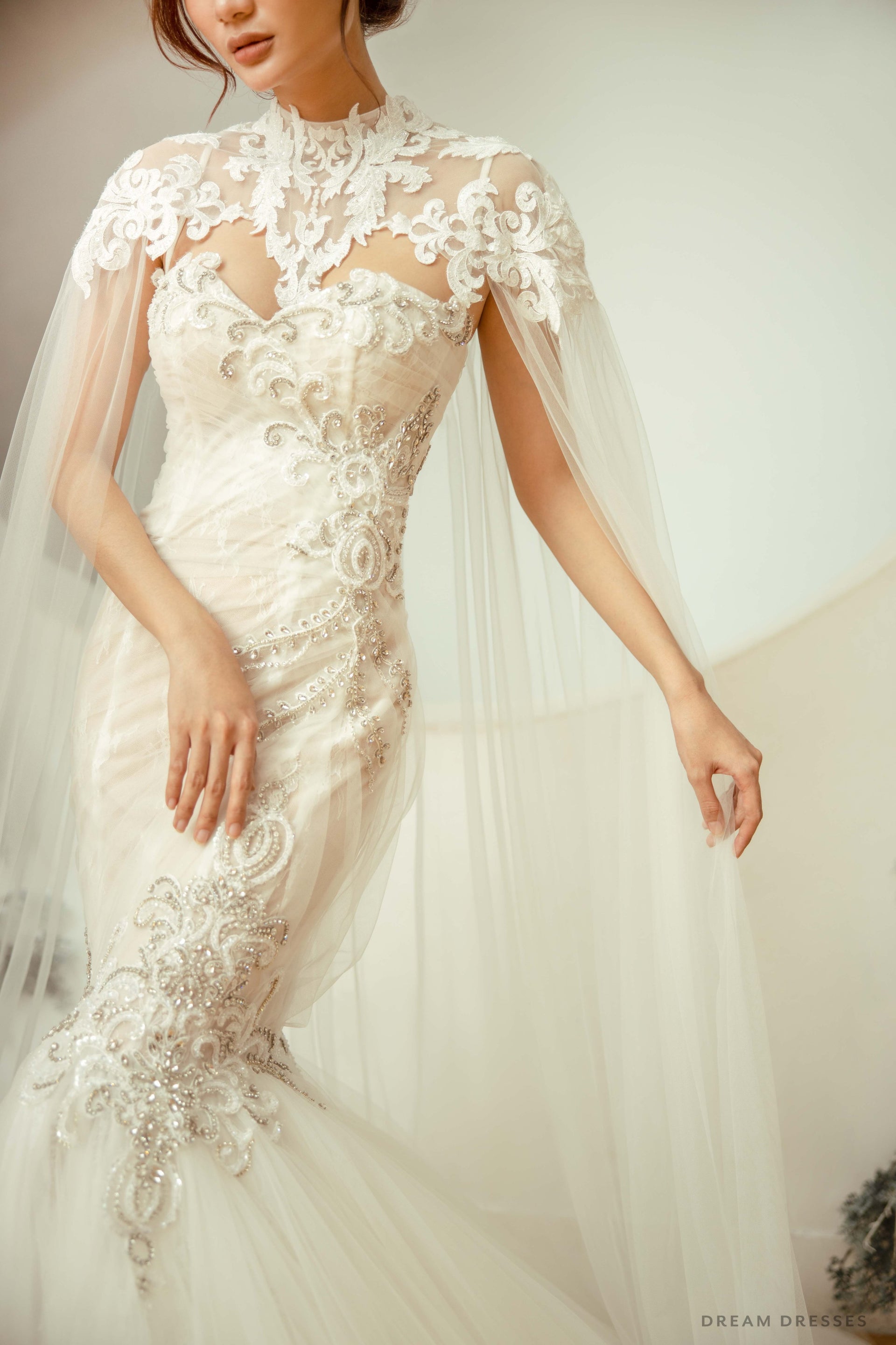 Cathedral Bridal Lace Cape with High Neck (#YONIA) - Dream Dresses by P.M.N.
