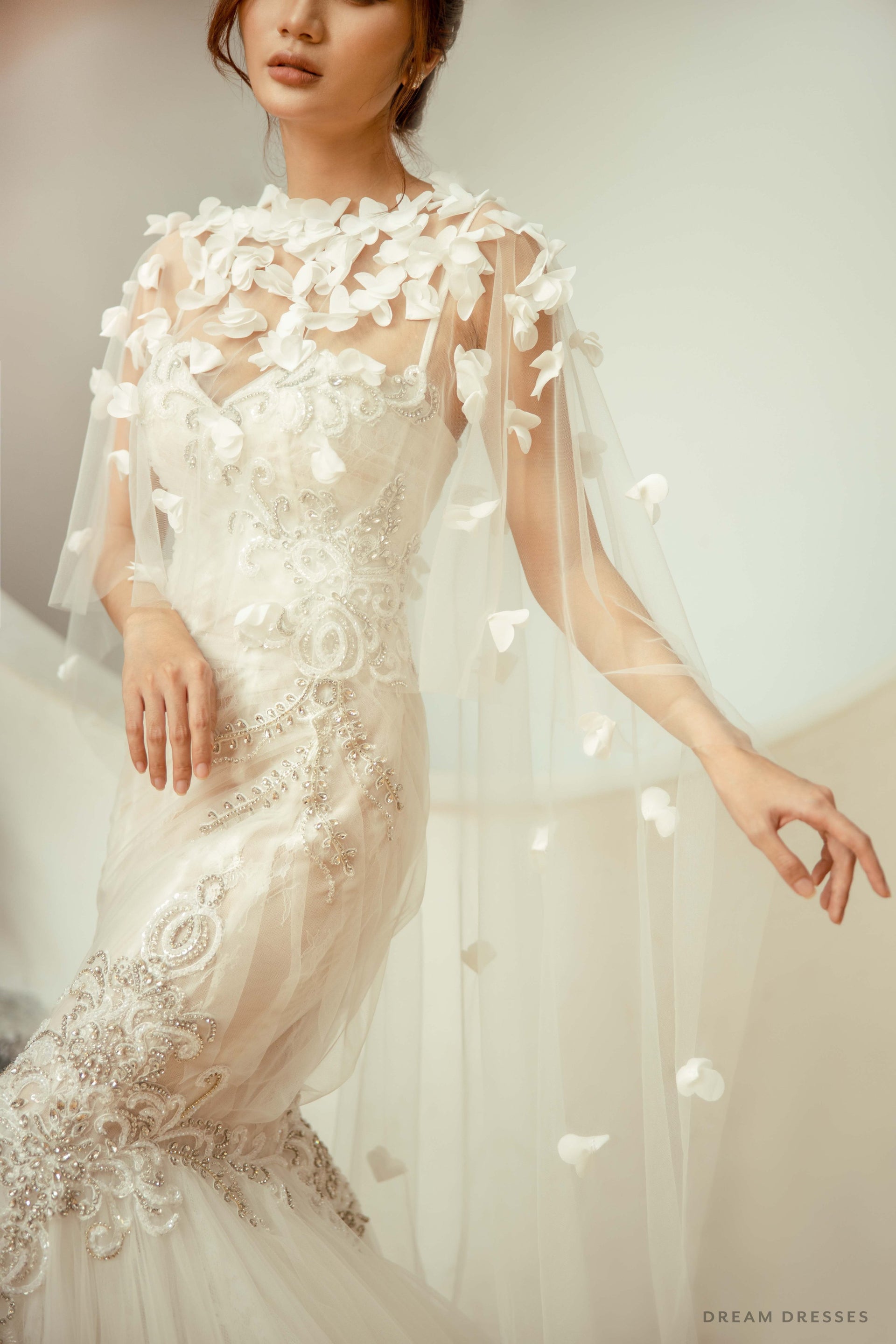 Bridal Cape Veil with 3D Floral Appliqué (#ORELLA) - Dream Dresses by P.M.N.