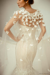Bridal Cape Veil with 3D Floral Appliqué (#ORELLA) - Dream Dresses by P.M.N.