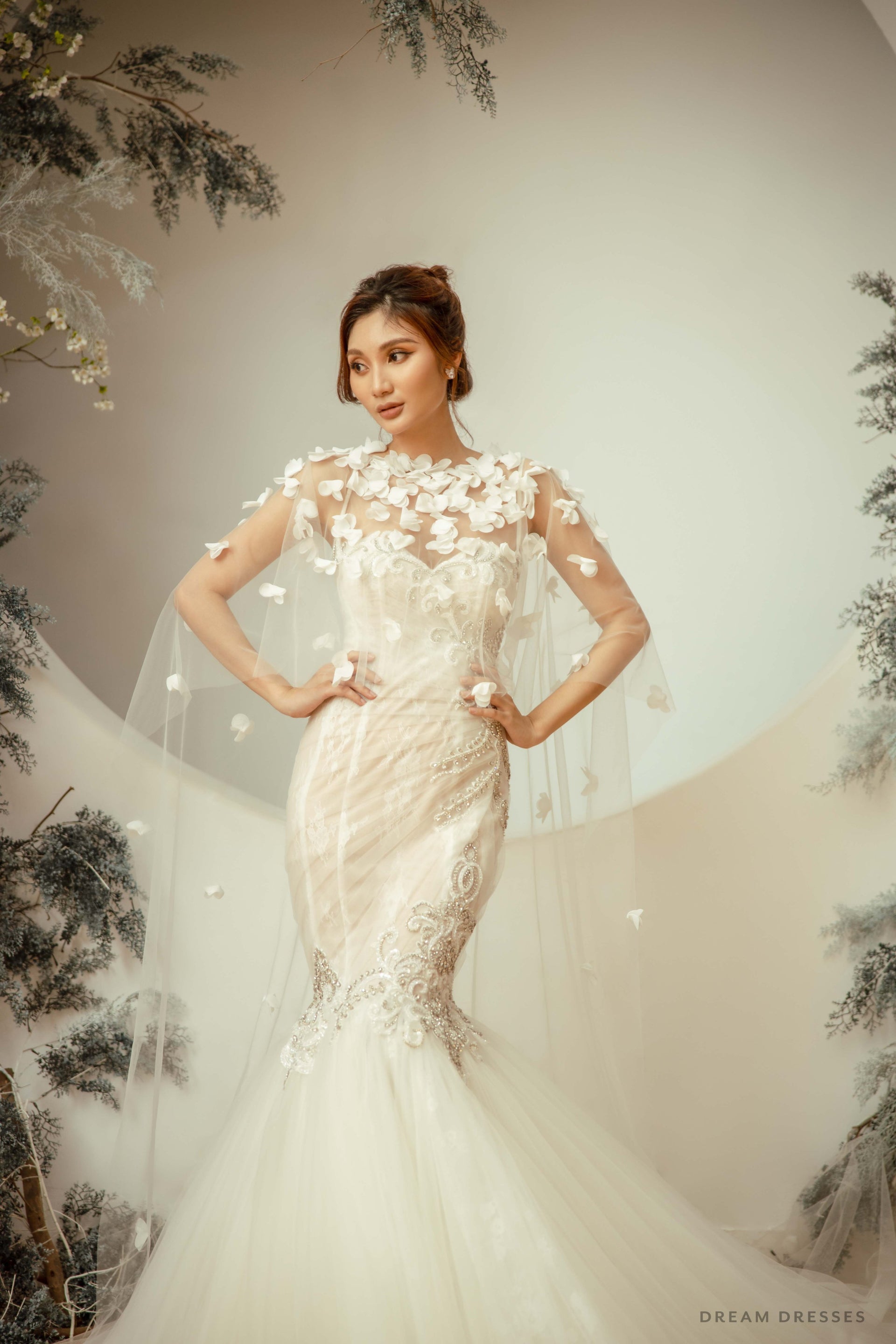 Bridal Cape Veil with 3D Floral Appliqué (#ORELLA) - Dream Dresses by P.M.N.