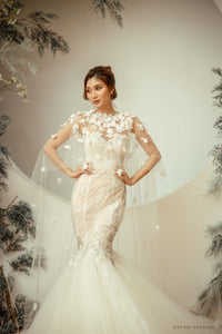Bridal Cape Veil with 3D Floral Appliqué (#ORELLA) - Dream Dresses by P.M.N.