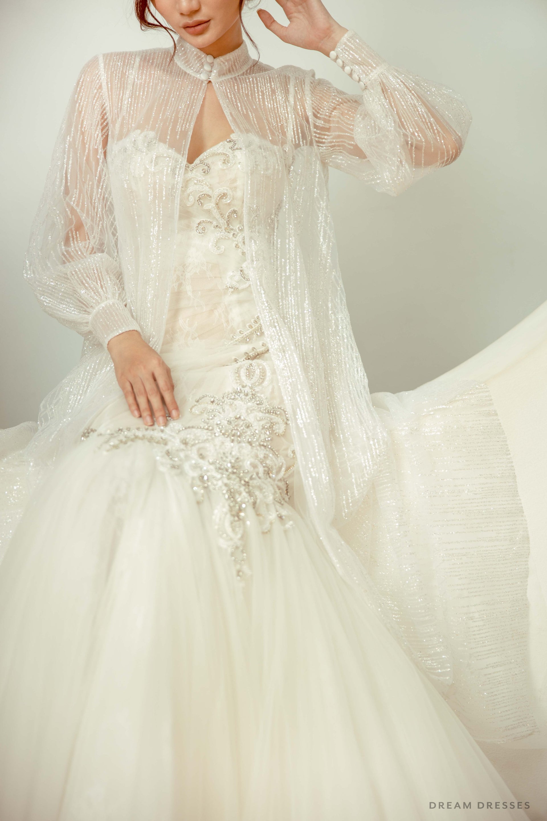 Long Sleeves Bridal Cape with Glittery Tulle (#CARLLA) - Dream Dresses by P.M.N.